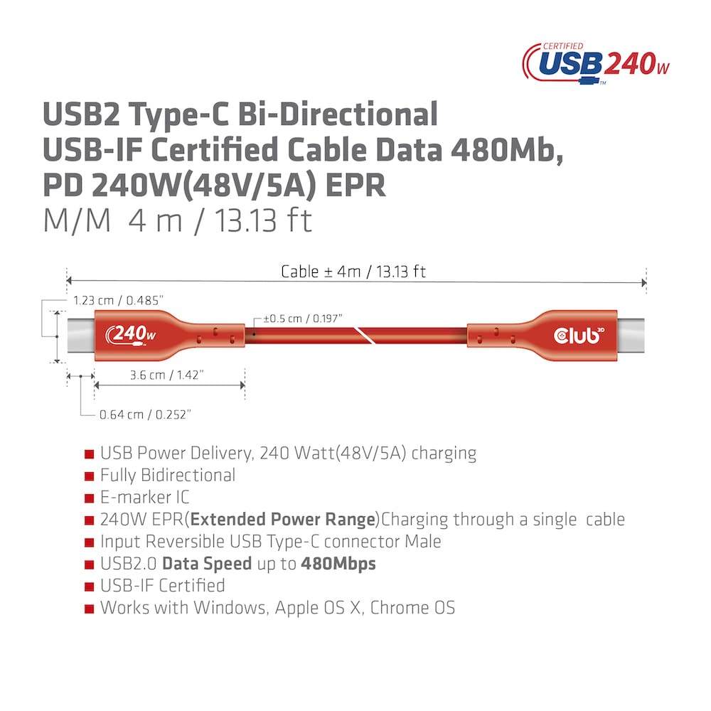 Club 3D CAC-1515 USB2 Type C to Type C Certified Bi-Directional Cable with 240W Charging, 480Mb Data Transmission EPR 4m -13.13ft