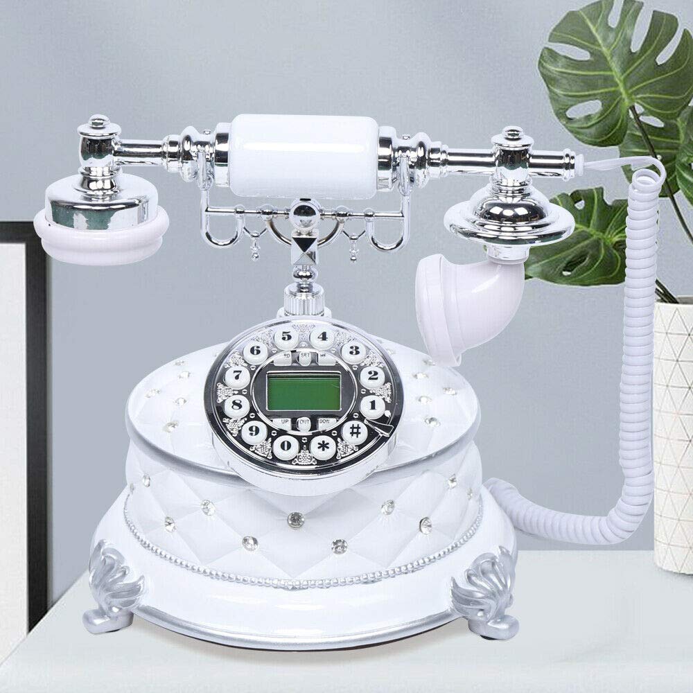 Vintage Rotary Phone, White Home Desk European Style Dial Telephone Handset Landline Phone Caller ID Check