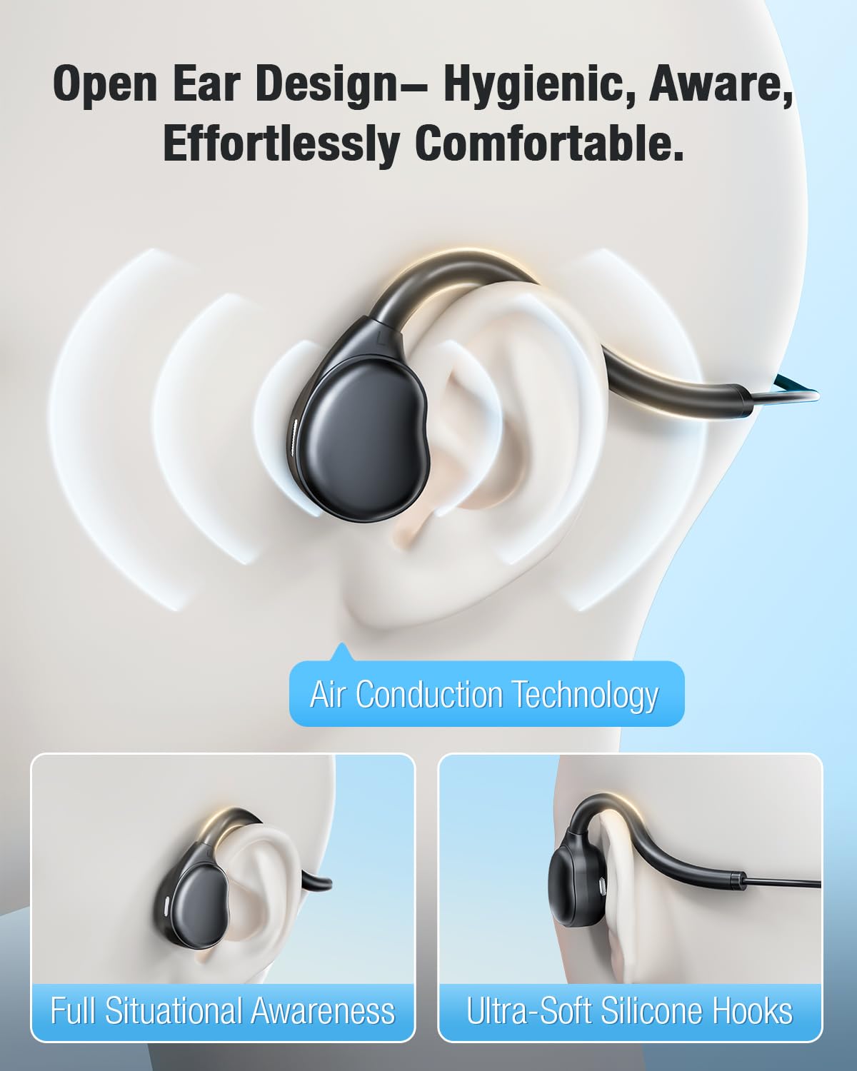 QOEKUEY Open Ear Headphones with Microphone Detachable, Crystal Cable, 3.5mm + USB Wired Audio Control- Black