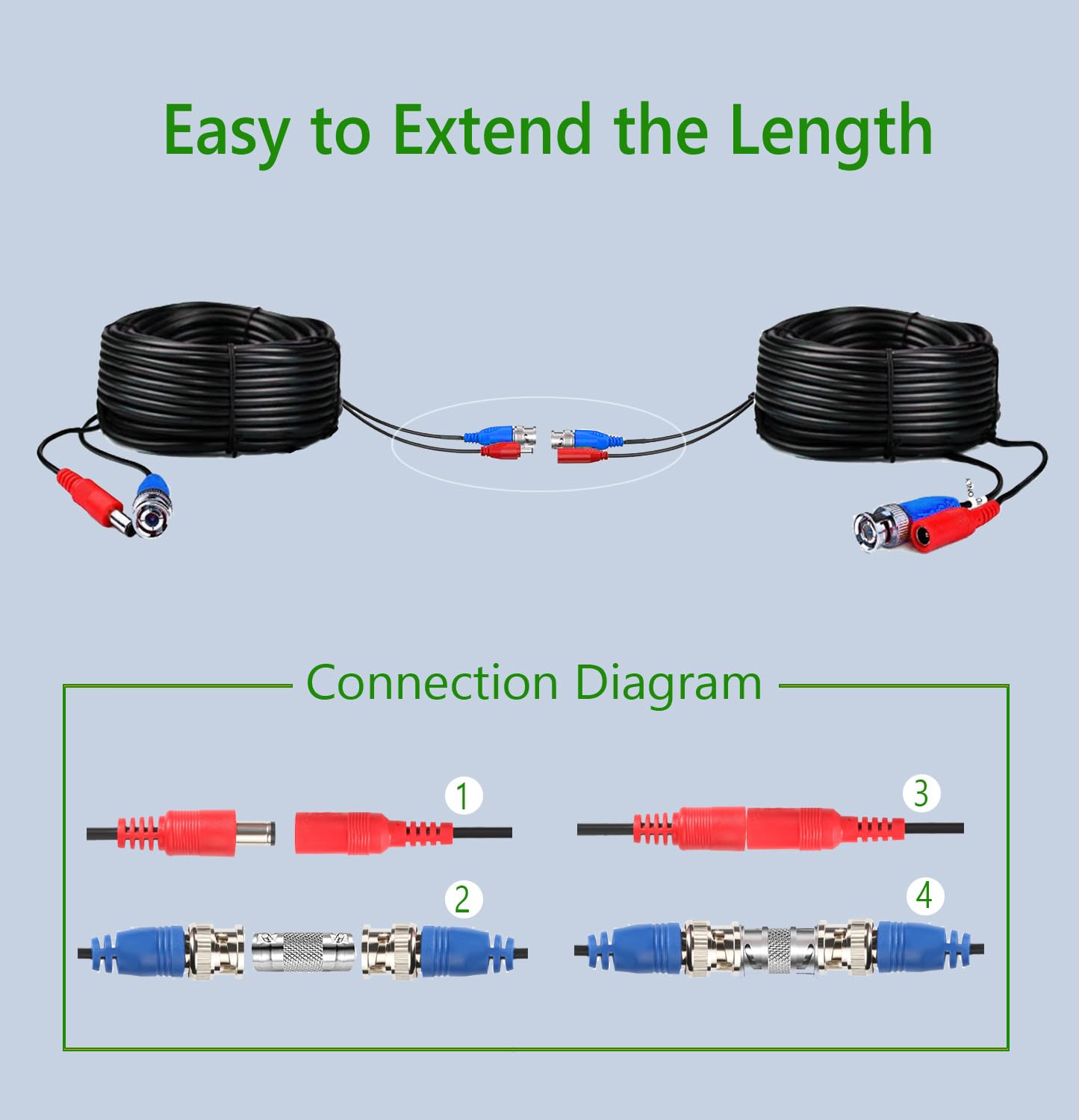 4-Pack 60ft Black Pre-Made All-in-One BNC Male to Male Video and Power Cable Wire Cord with RCA Connector for CCTV Security Camera