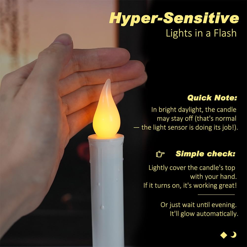 FPOO Window Candles with Dusk to Dawn Light Sensor, Battery Operated Candlesticks Long-Lasting 20+ Days, Flameless Taper Candles Flickering with Black