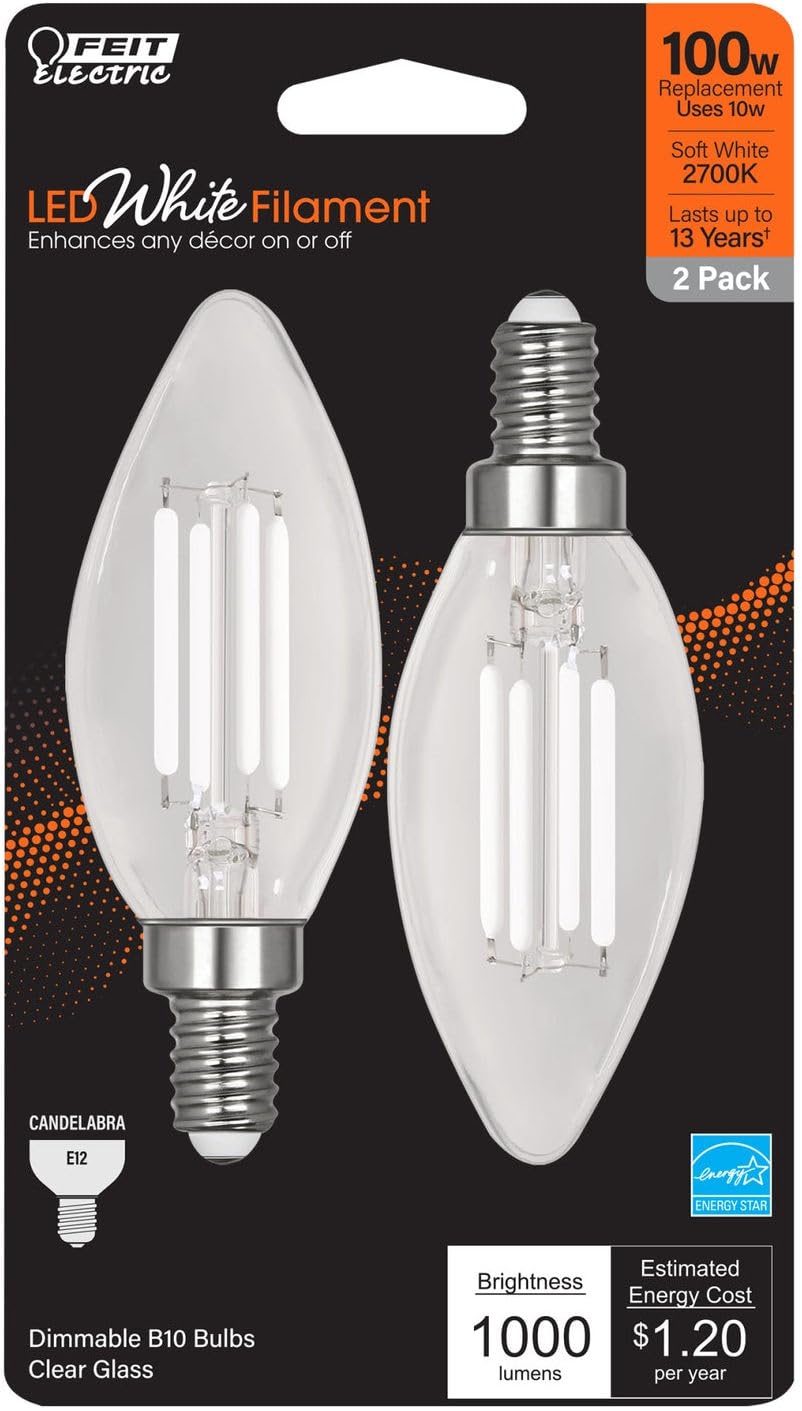 Feit Electric BPCTC100927CAWFIL/2 Soft White Torpedo-Tip Exposed White Filament LED Bulb, 2 Bulbs per Pack; 10W; 100W Equivalent; E12 Base; 2700; 90
