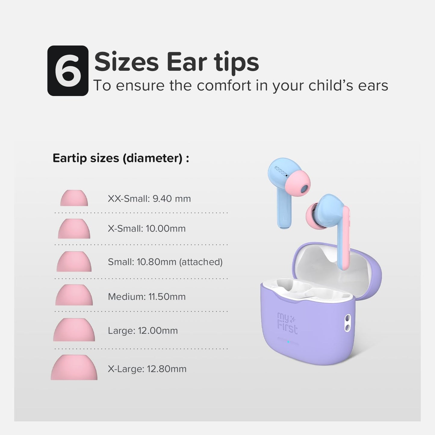 myFirst Carebuds Kids Earbuds - Ear Pods True Wireless Bluetooth with 85db Volume Limit, Mic, USB-C Charging Case, 6 Size Ear Tips, 6 Hours Playtime…