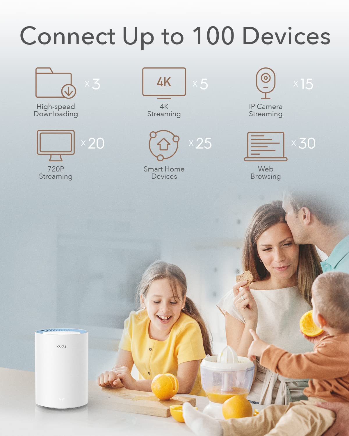Cudy M1200 1-Pack AC1200 Whole Home Mesh WiFi System, 2.4GHz 5GHz Dual Band WiFi Router, Range Extender and Router, VPN, IPv6, DDNS