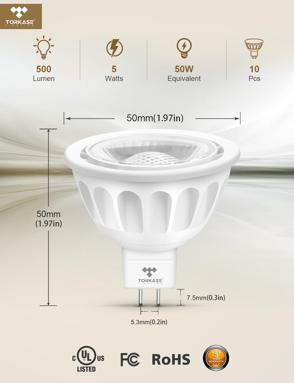 Torkase MR16 LED Bulb Dimmable,GU5.3 Bi-Pin Base MR16 LED Bulbs,5W(50W Equivalent),Outdoor Landscape 12V Low Voltage Light Bulbs,3000K Soft Warm White