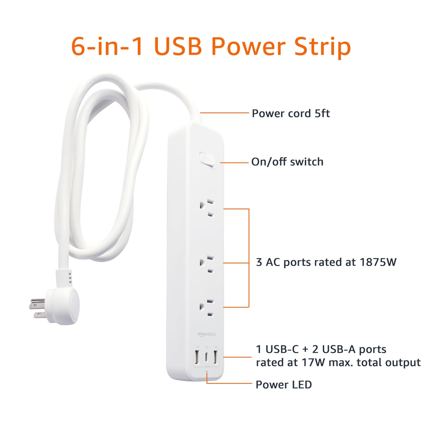 Amazon Basics Rectangle Power Strip 3 Outlet 3 USB Ports, 1 USB-C and 2 USB-A, 5 ft Extension Cord, for Home, Office, Travel, White