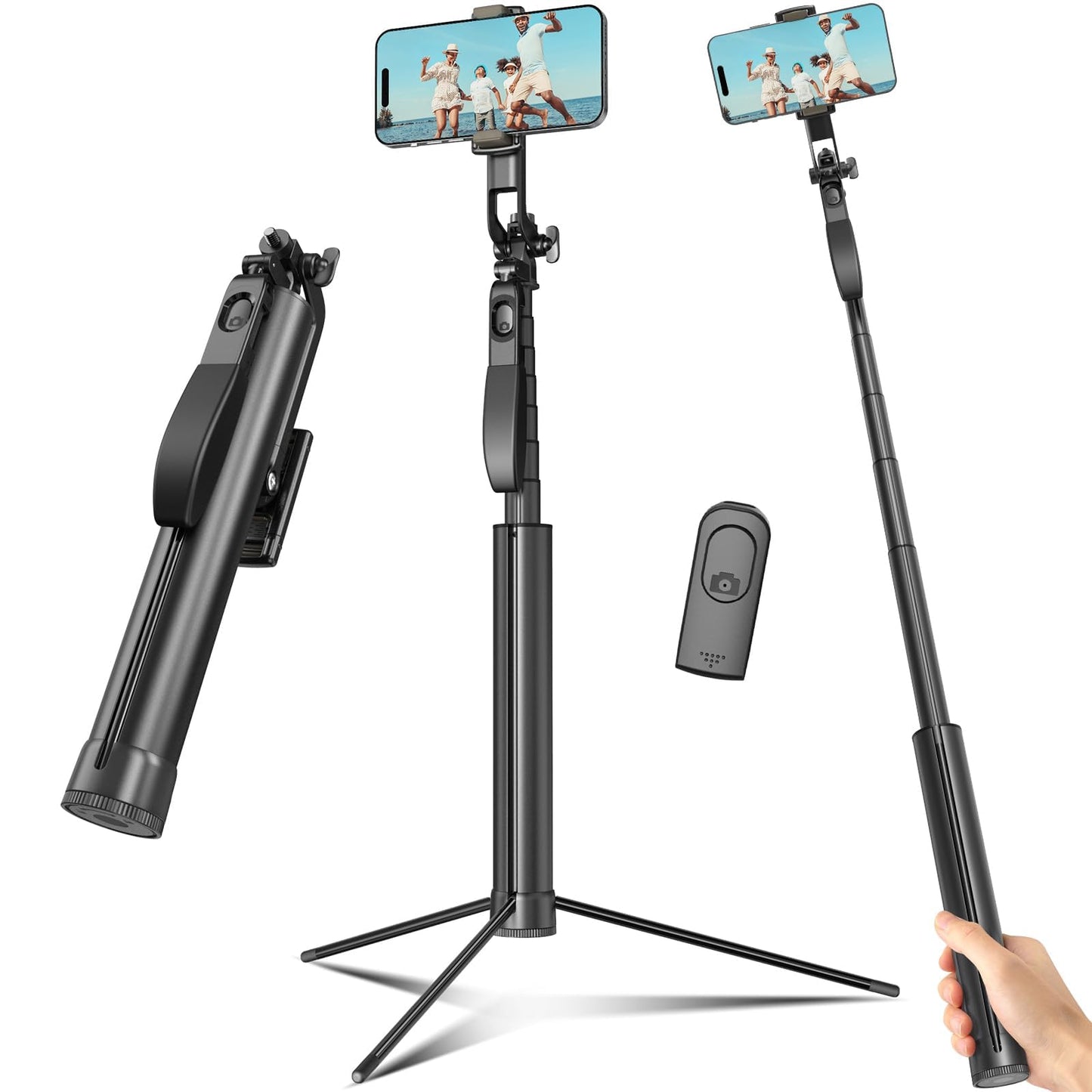 Selfie Stick Travel Tripod for Cell Phone with Remote Control and Phone Holder, Extendable Selfie Stick for iPhone, iPhone Tripod for Video Recording