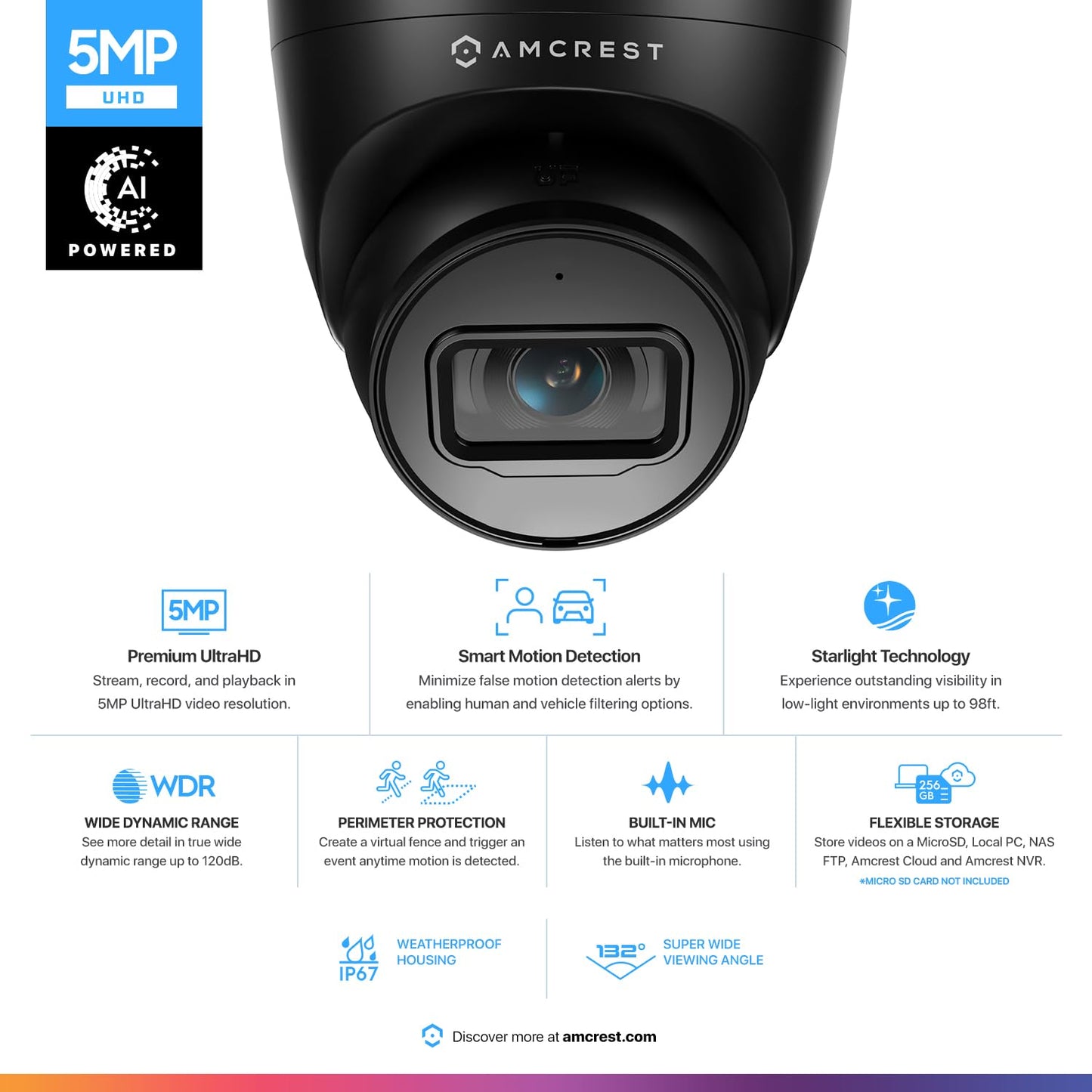 Amcrest 5MP Turret POE Camera, UltraHD Outdoor IP Camera POE with Mic/Audio, 5-Megapixel Security Surveillance Cameras, 98ft NightVision, 132° FOV