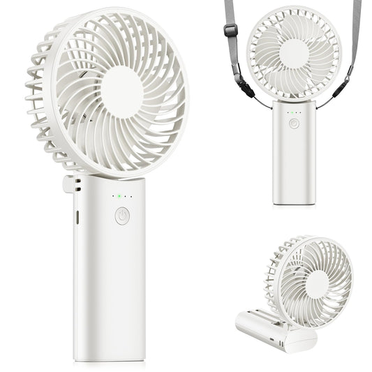 Novauxlume 180° Folding Handheld Fan Rechargeable, 5200mAh 2-in-1 Portable Fan with Built-in Type-C/Lightning Cords for Beach/Travel (White)