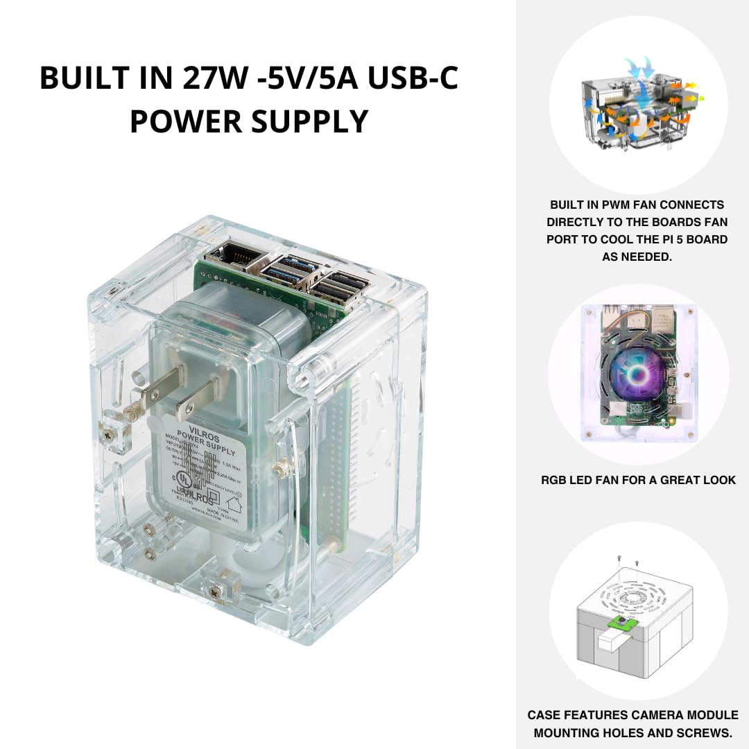 Vilros Plug 'n' Pi for Raspberry Pi 5-A Raspberry Pi Fan Cooled Case and Power Supply All in one Solution -Ideal for SSH-Headless Usage (Clear