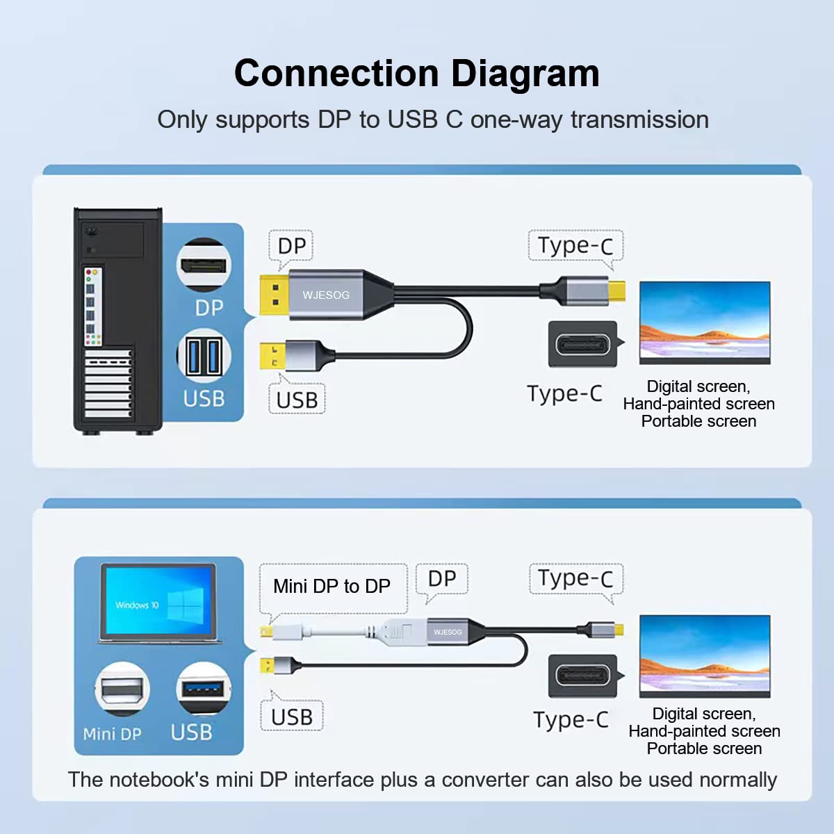 WJESOG DisplayPort to USB C Cable 6.6ft 4K@60Hz with USB Cable Adapter,DP Male to Type-C Male Converter Support Touch with Nreal Air VR, MacBook