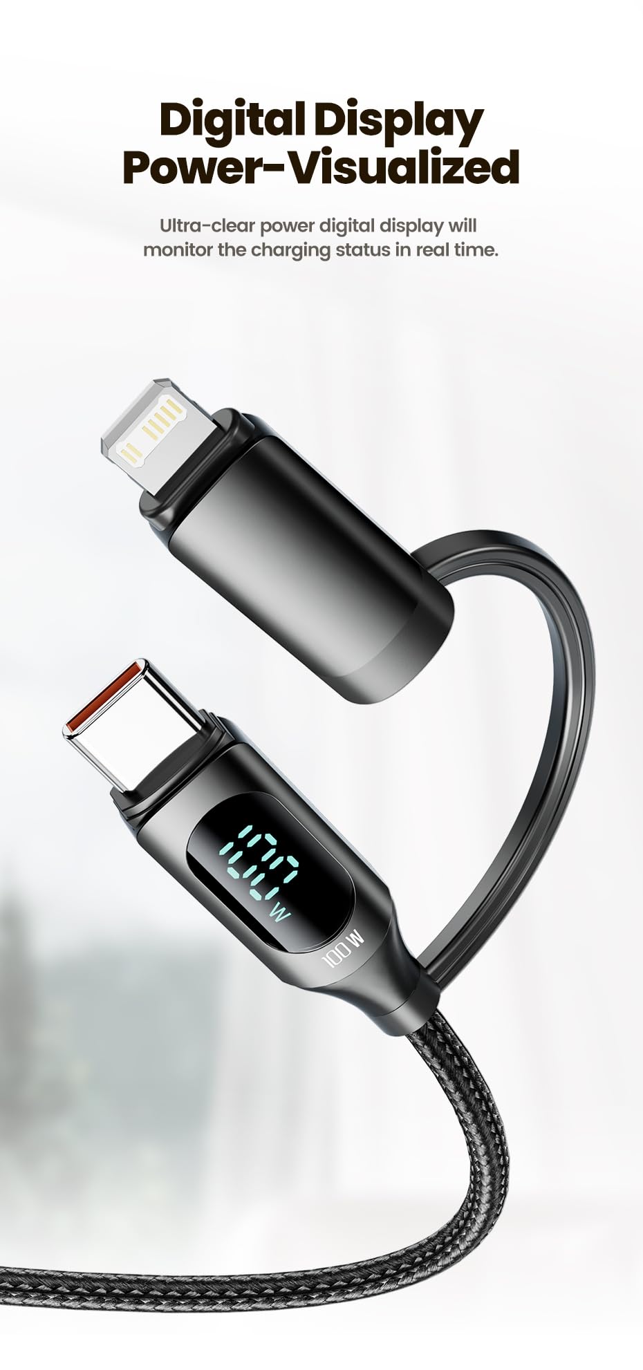 Tron 25W USB-C Power Adapter with 5FT 2-in-1 Digital Display Braided Cable - Fast Charging Solution for Home, Office, and Travel Use, TR69