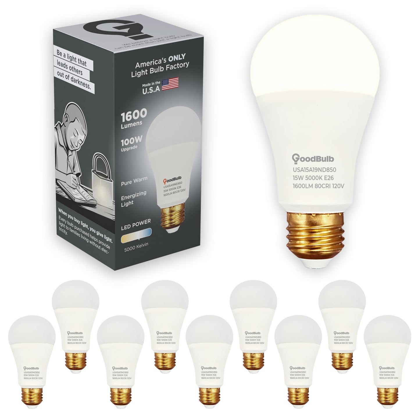 GoodBulb Made in USA A19 LED Light Bulbs, 100W Equivalent, 15W Non-dimmable, 5000K Daylight, 1600 Lumens, E26 Base, 25,000 Hour Long Lasting, 10 Pack