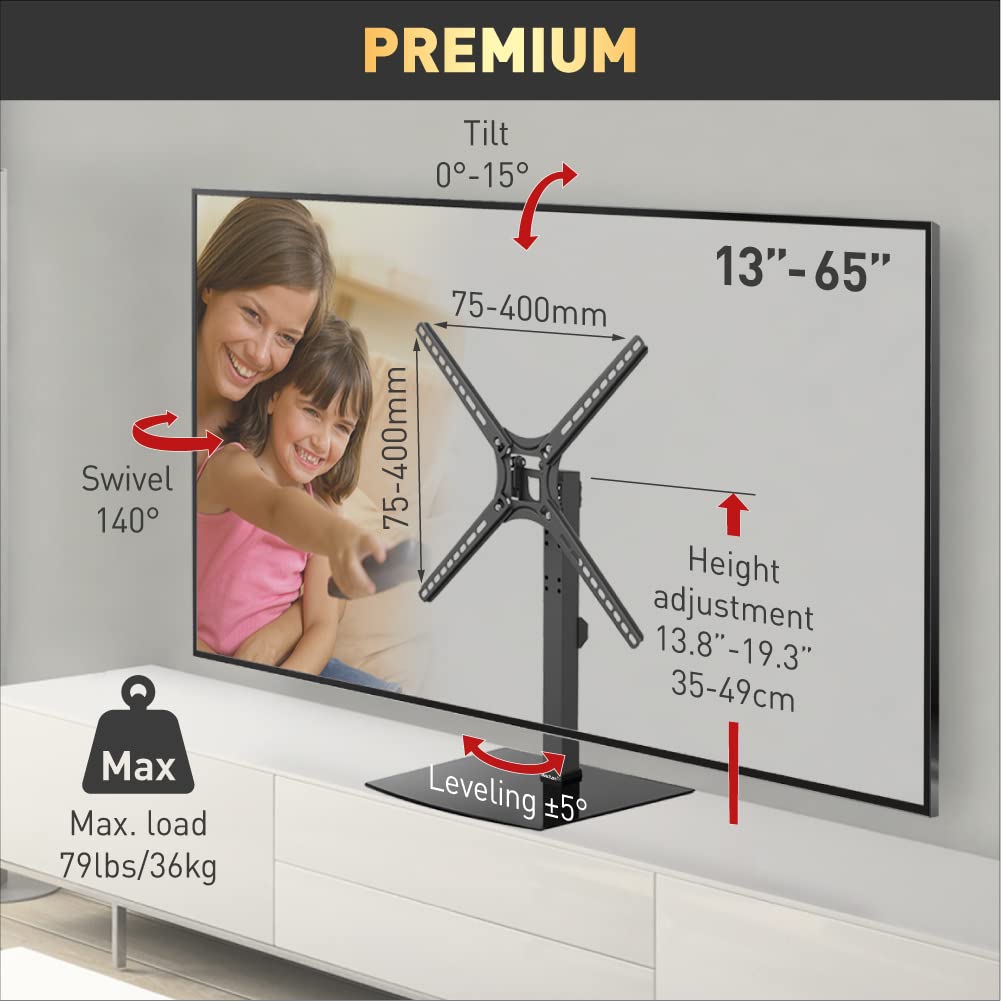 Barkan Tabletop TV Mount, 13-65 inch Swivel & Tilt Flat/Curved TV Stand Base, Holds Up to 36kg, Patented, Tempered Glass, Fits LED OLED LCD