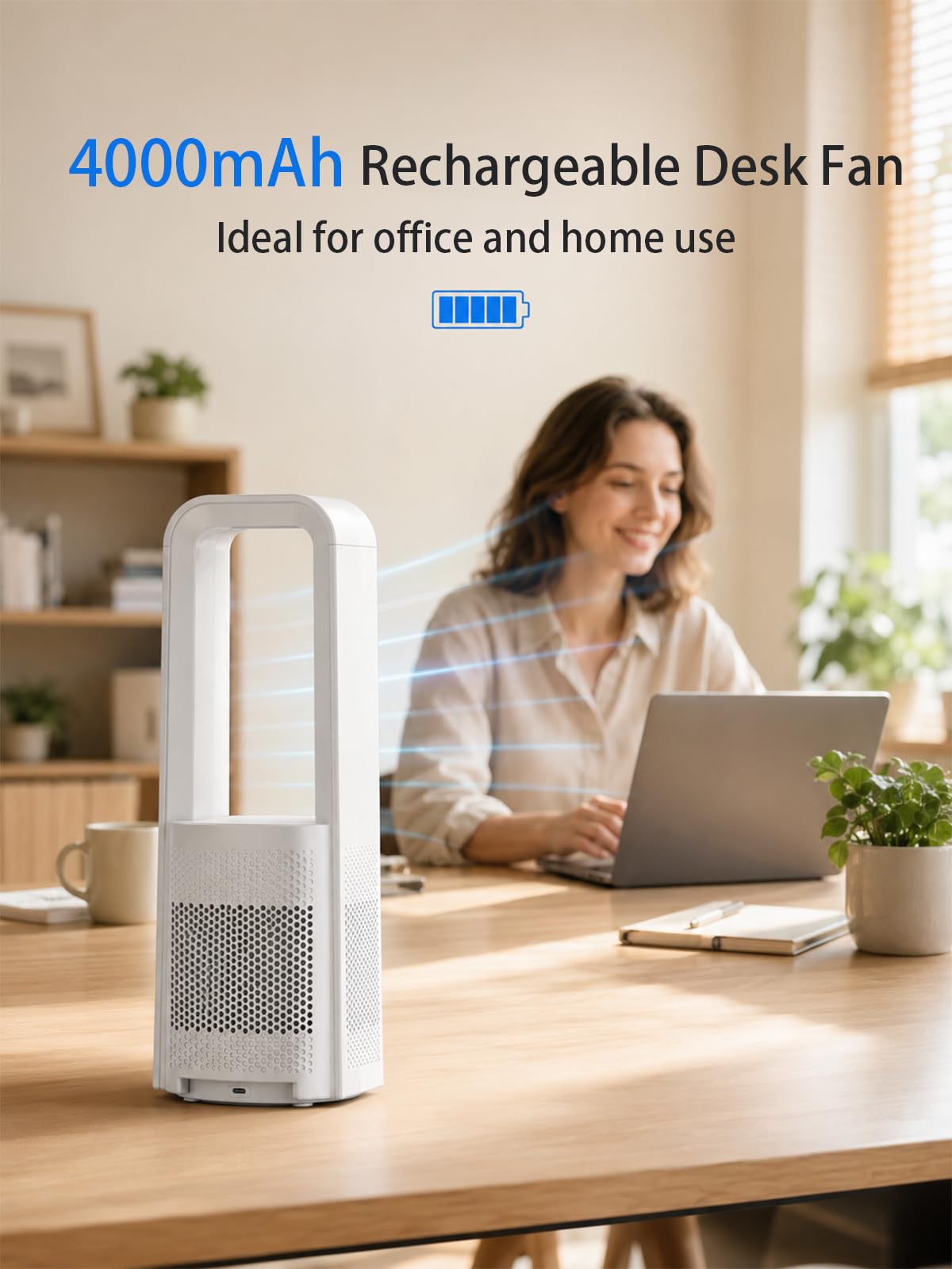 Desk Fan Bladeless, 120° Oscillating Fan Rechargeable, Quiet Fan with Night Light, Smart LED Touch Control, 4 Speed & 9H Timer, Small Table Fan, Auto