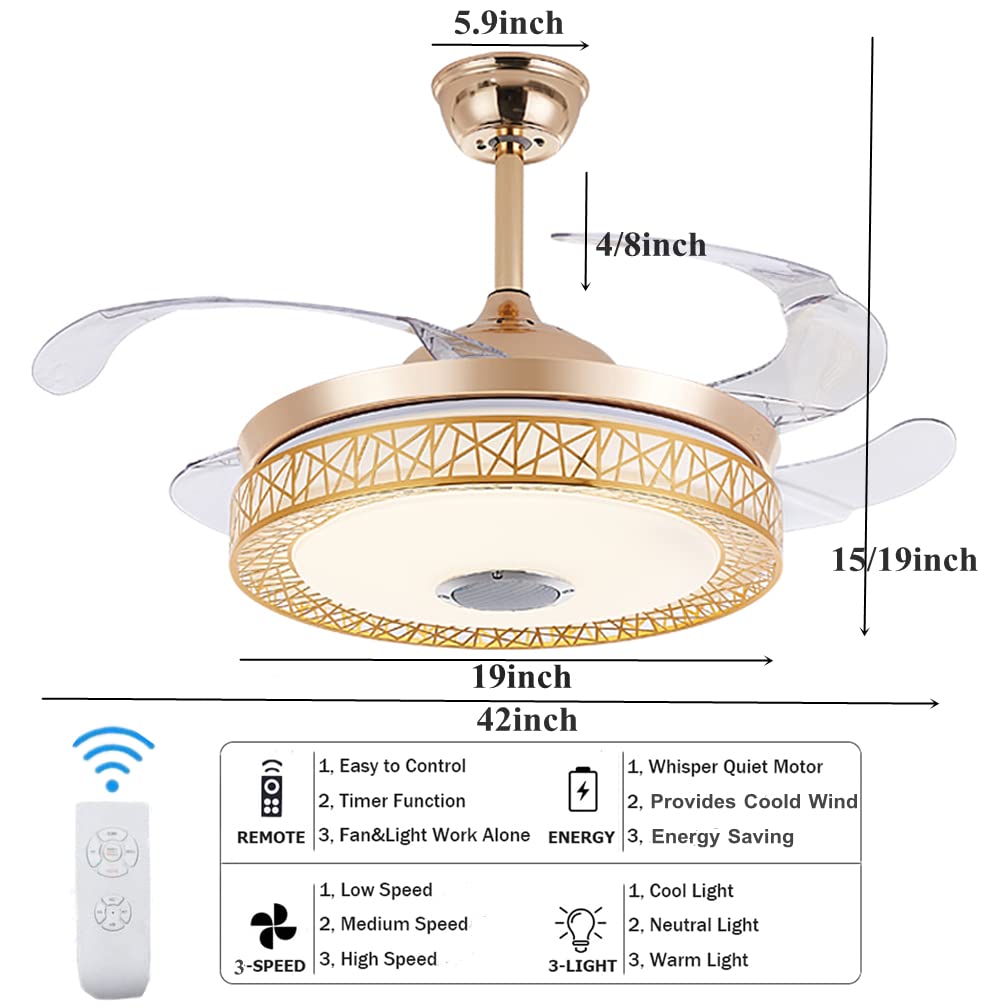 42inch Invisible Fandelier Ceiling Fan with Lights and Bluetooth Speaker, Retractable Fan Chandelier with Remote Control 3 Light Color 3 Speeds Silent