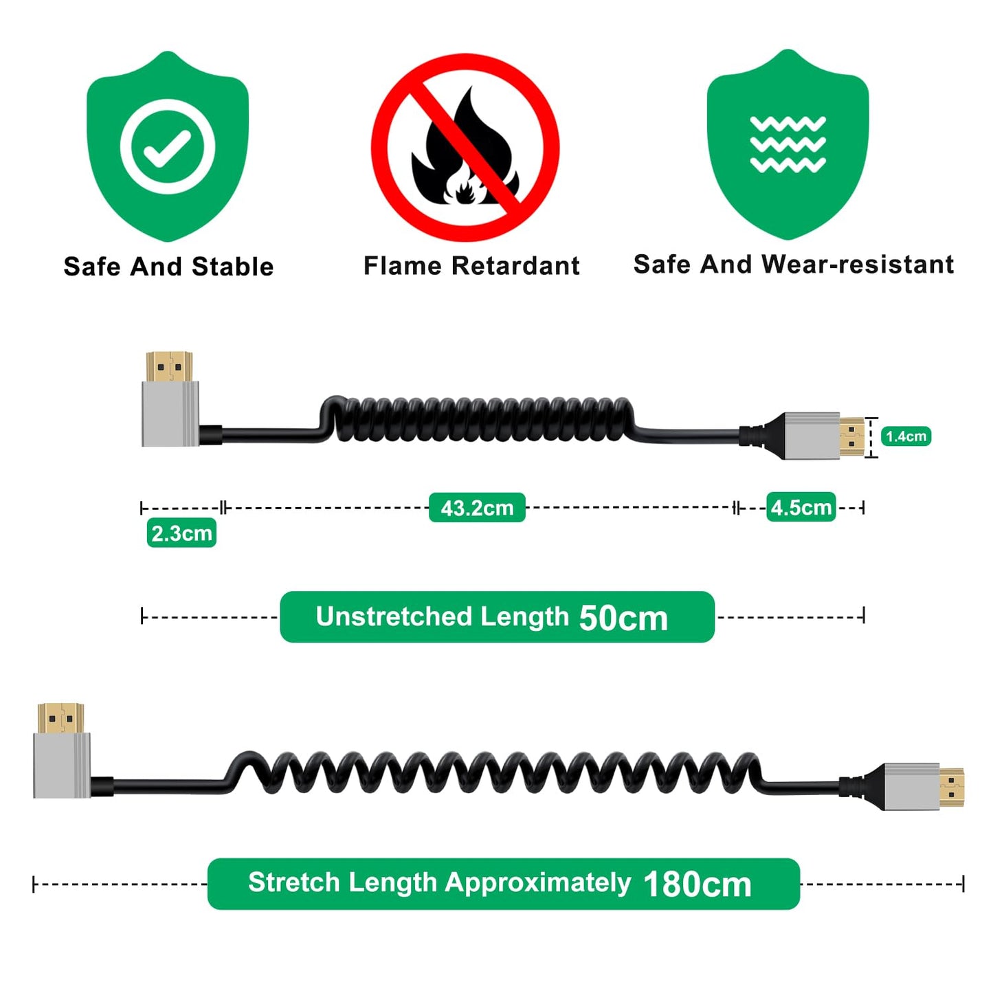 HuaLiSiJi Coiled HDMI Cable Male to Female HDMI Cable 4K 60Hz High Speed UHD Cable Support 3D, ARC, Ethernet for Computers, Blu Ray Players