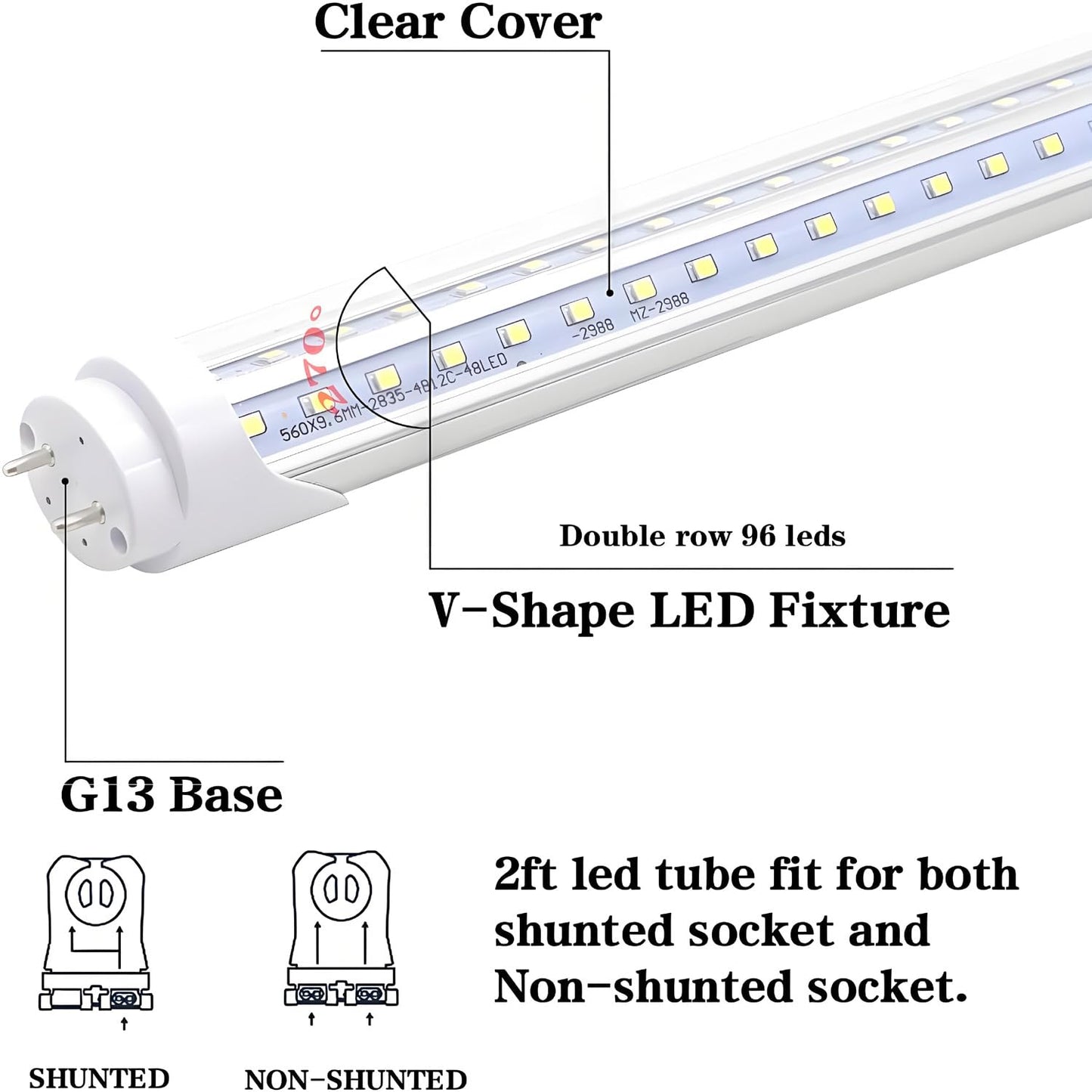 KALINA 2FT LED Tube Lights, 15W(30W Fluorescent Bulb Replacement) V Shaped, 6000K Cool White, Ballast Bypass, Clear Cover, 4-Pack