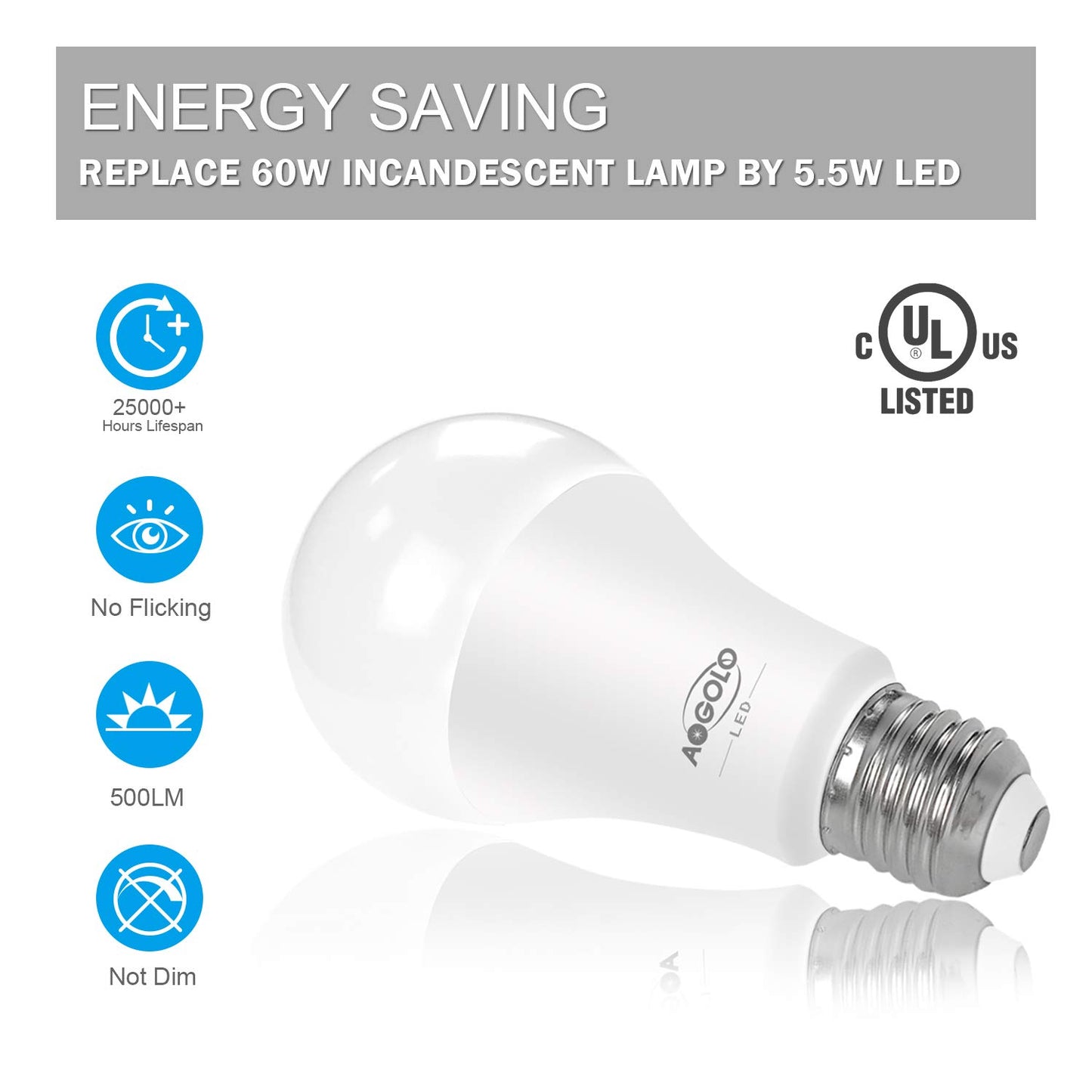AOGOLO A19 5.5Watt, 4200K 6 Pcs 40 Watt Equivalent, LED Light Bulb, 500LM, E26 Base, Non Dimmable, 220 Degree Beam Angle,General Lighting