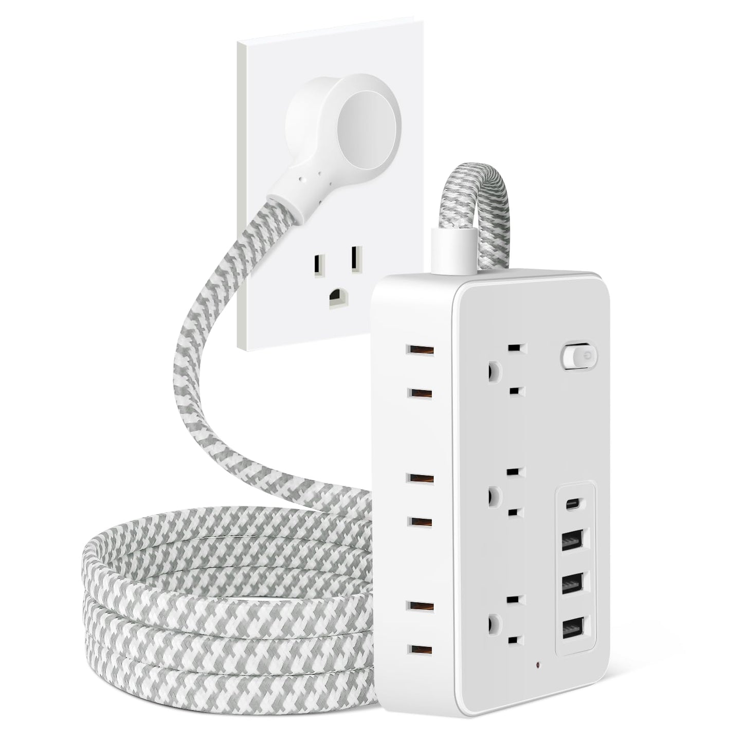 Multi-Device Charging Station, 6-Outlet Surge Protector with 4 USB Ports, Braided Extension Cord, Compact Power Strip for College Dorm Room, Home