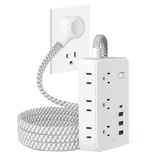 Multi-Device Charging Station, 6-Outlet Surge Protector with 4 USB Ports, Braided Extension Cord, Compact Power Strip for College Dorm Room, Home