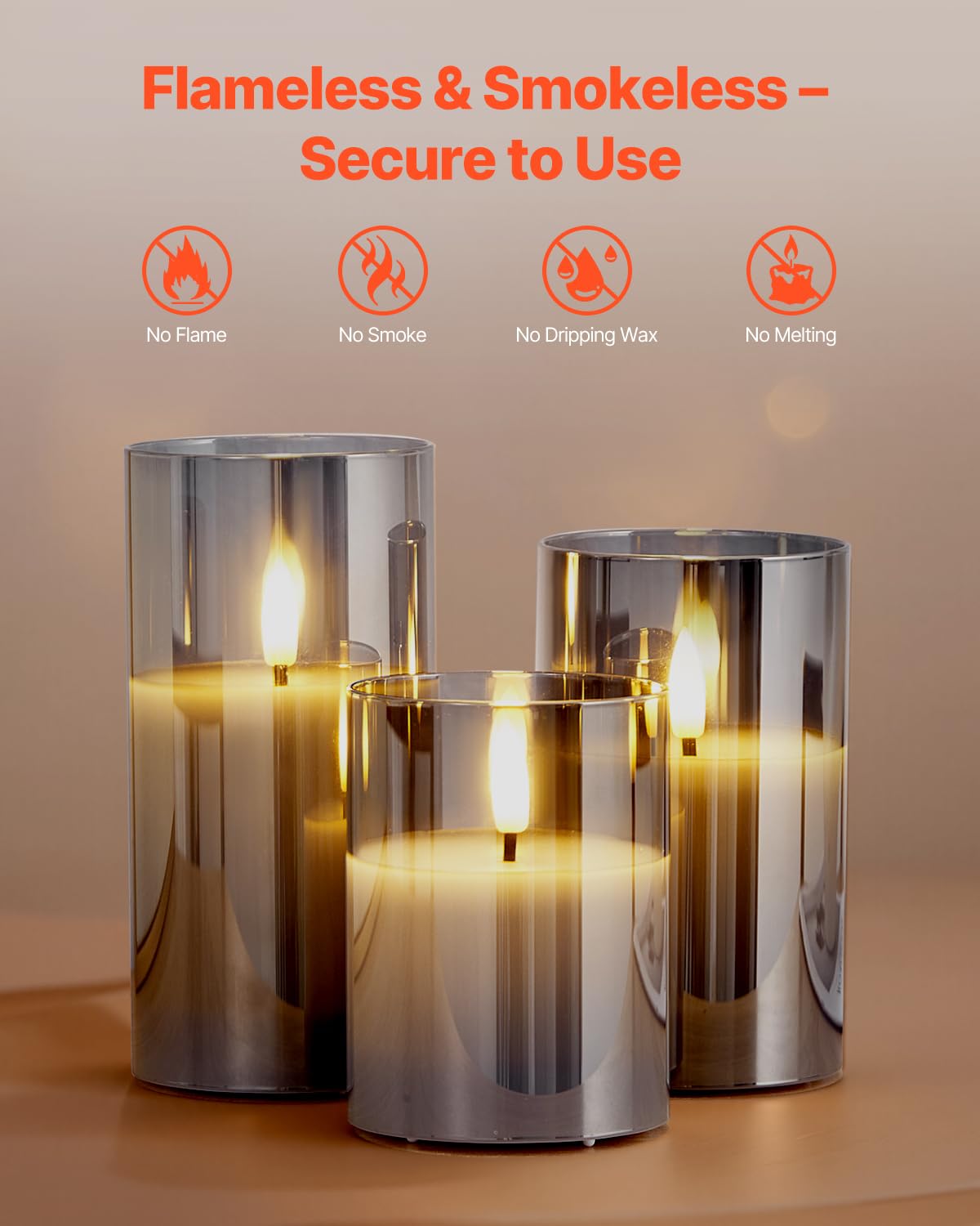 VEVOR Gray Flickering Flameless Candles, Set of 3 Battery Operated Flameless Led Candles with 10-Key Remote and Timer, Real Wax & Warm Color