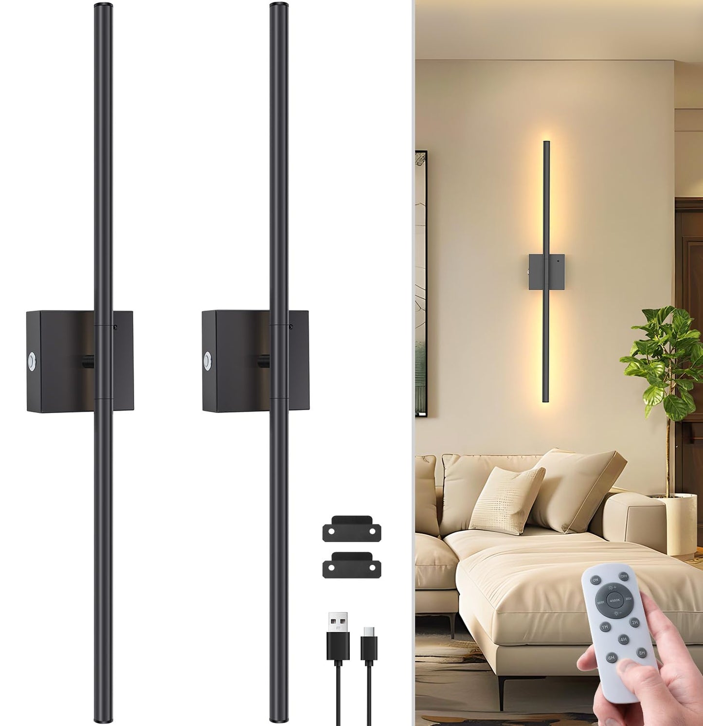 NIORSUN 28 Inch Battery Operated Wall Sconce Set of 2, 360° Rotation Black Rechargeable Wall Lights with Detachable Tube and Remote, 3CCT Dimmable
