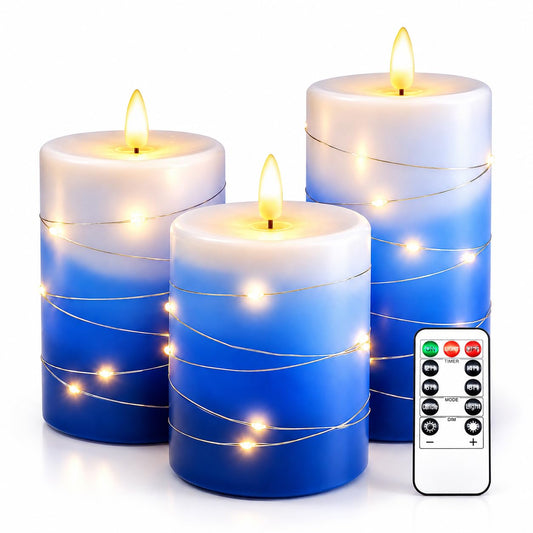 haitanghua Blue Flameless Candles Set of 3, Real Wax with Remote Timer