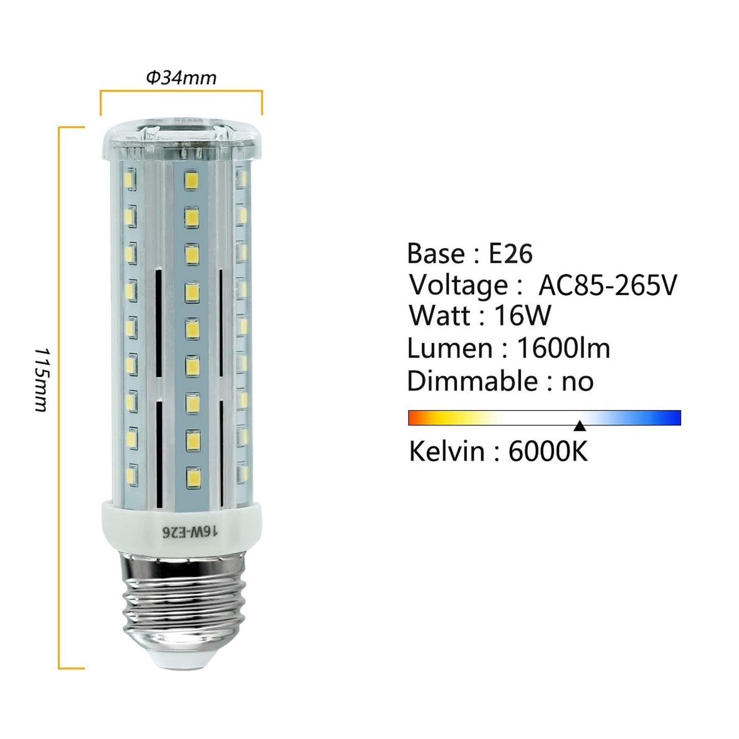 Wenscha LED Corn Light Bulb 100W Equivalent 1600 Lumen 6000K Daylight White 16W LED Corn E26 Light Bulb Base Non-dimmable Ceiling Fan Lighting