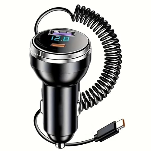 USB Type-C Fast Car Charger, Metal 3-Port Super Fast Charging Car Charger Adapter with PD & QC3.0, Built-in 6ft Type-C Cable, LED Display, Compatible