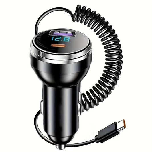 USB Type-C Fast Car Charger, Metal 3-Port Super Fast Charging Car Charger Adapter with PD & QC3.0, Built-in 6ft Type-C Cable, LED Display, Compatible