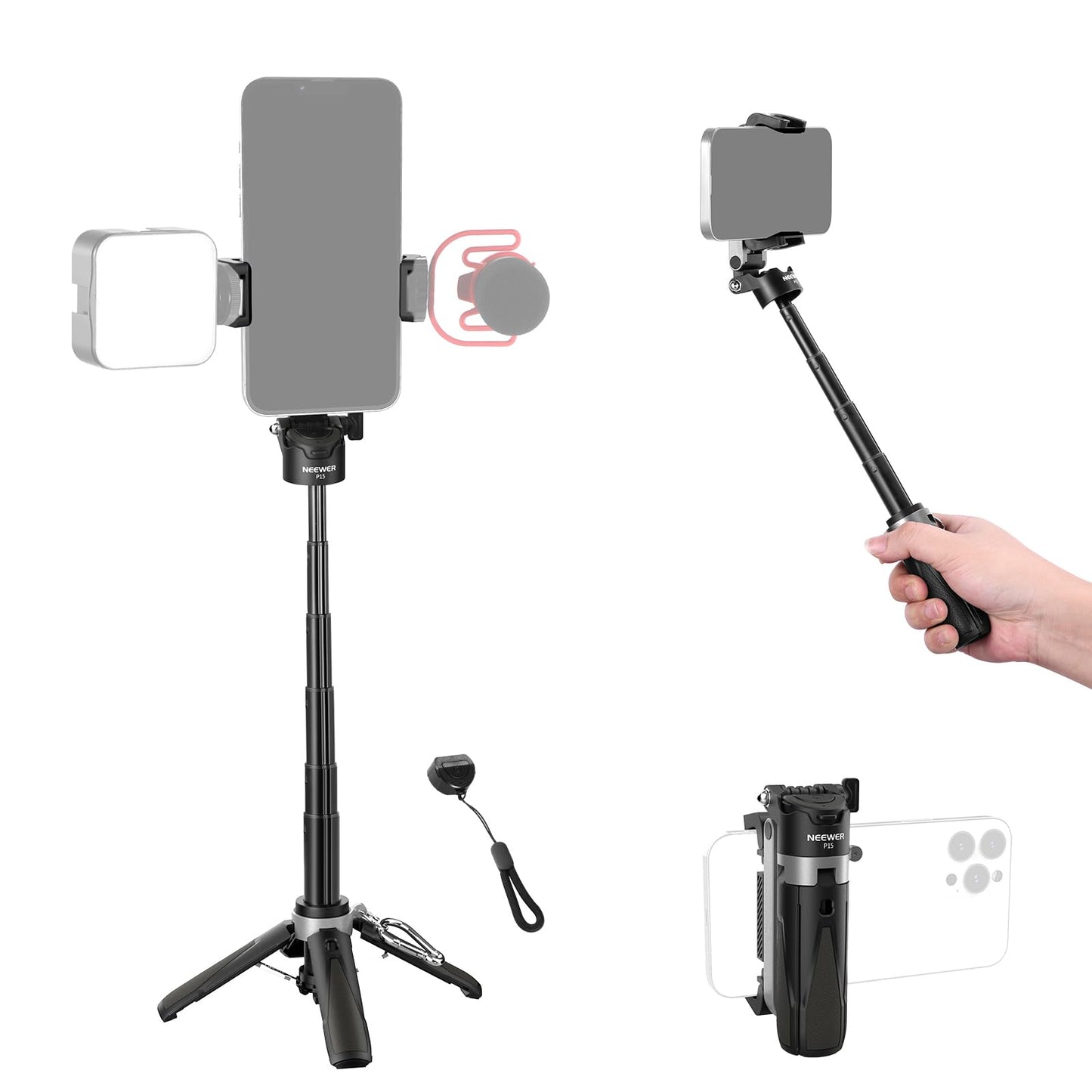 NEEWER Selfie Stick with Detachable Bluetooth Remote Shutter, Lightweight Foldable Travel Tripod for iPhone for YouTube/TikTok Vlogs Live Streaming