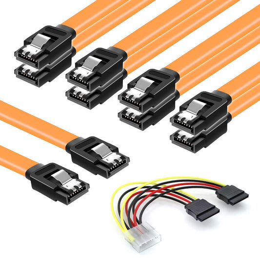 COCOMK SATA Cables III, SSD Data Cable 6.0 Gbps and SATA Power Splitter Cable 4 Pin to Dual 15 Pin Hard Drive Connection Cables Compatible with SATA