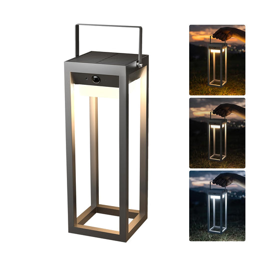 Dawnrise Solar Table Lamp, Motion Sensor Metal Rechargeable Outdoor Table Lamps with 3 Color, Indoor/Outdoor Stepless Dimming Battery Operated Wall