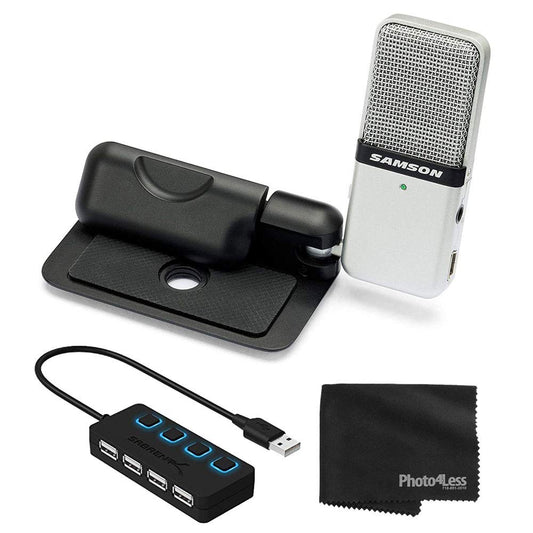 SAMSON Go Mic Portable Clip-on USB Condenser Microphone (Titanium)- USB 2.0 Hub with Individual LED lit Power Switches + Cleaning Cloth - Deluxe