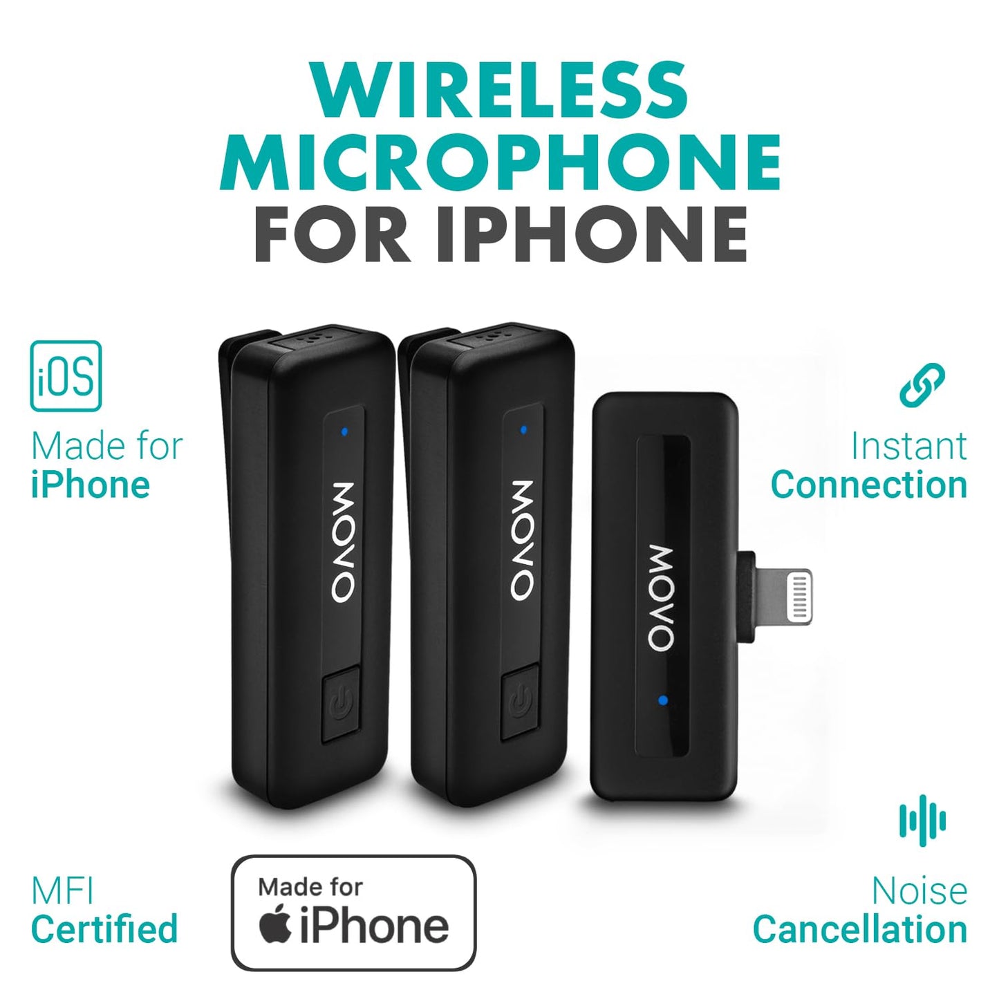 Movo Wireless Mini DI Duo Wireless Microphone - iPhone Video Recording Mic with Lavalier Mic, 10 HR Battery, 164FT Range
