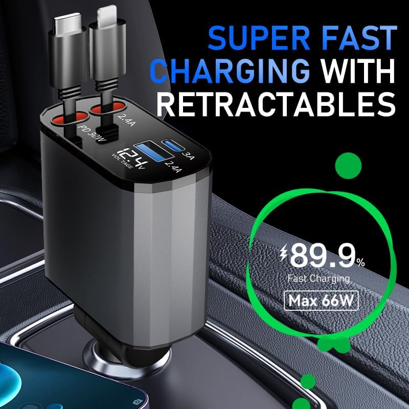 TICCI Retractable Car Charger [60W USB C with Cables] 4-in-1 Retractable Car Charger Fast Charging for iPhone 16, 15, 14, 13, 12 Series, USB-C