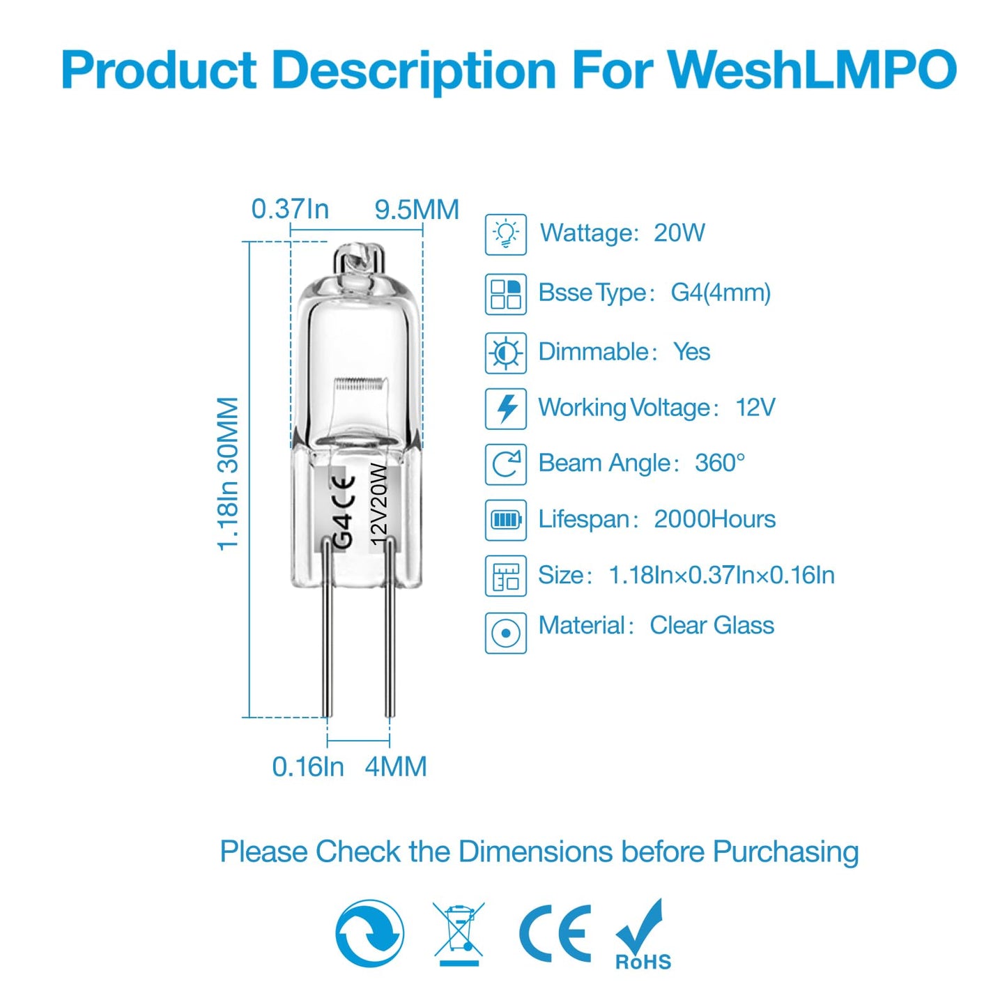 WeshLMPO G4 Bulb,12V 20W Halogen Light Bulbs 2 Pin,G4 Light Bulbs Replacement for Under Cabinet Puck Light,Chandeliers, Accent Lights, Track Lighting