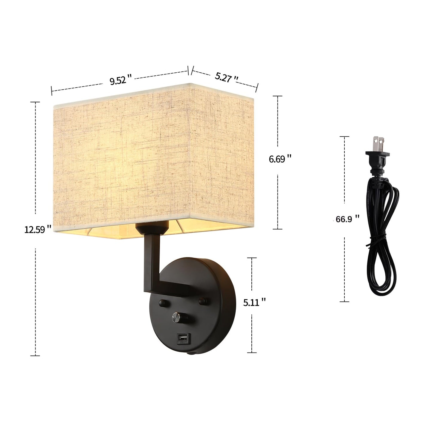 PULLCU Plug in Wall Sconce with Dimmer Switch and USB Port?9.5“Rectangular Linen Fabric Shade?Bedside Wall Lamp Matte Black Finish?Wall Lamp Perfect