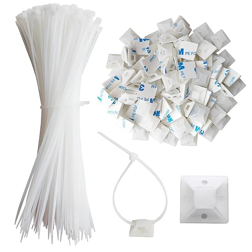 340 Pcs Self Adhesive Cable Zip Tie Mounts Set | 170 Pcs Cable Tie Mounting Base,3/4" | 170 Pcs Zip Ties,8" | White,Cable Clip,Wire Management