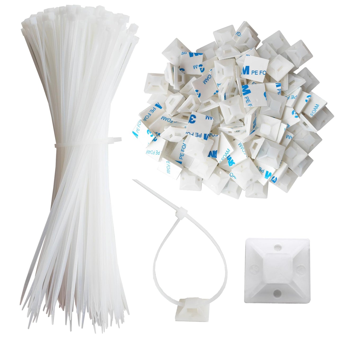 340 Pcs Self Adhesive Cable Zip Tie Mounts Set | 170 Pcs Cable Tie Mounting Base,3/4" | 170 Pcs Zip Ties,8" | White,Cable Clip,Wire Management