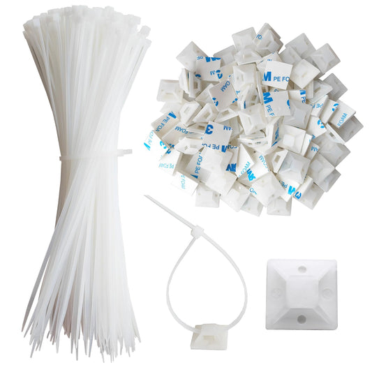 340 Pcs Self Adhesive Cable Zip Tie Mounts Set | 170 Pcs Cable Tie Mounting Base,3/4" | 170 Pcs Zip Ties,8" | White,Cable Clip,Wire Management