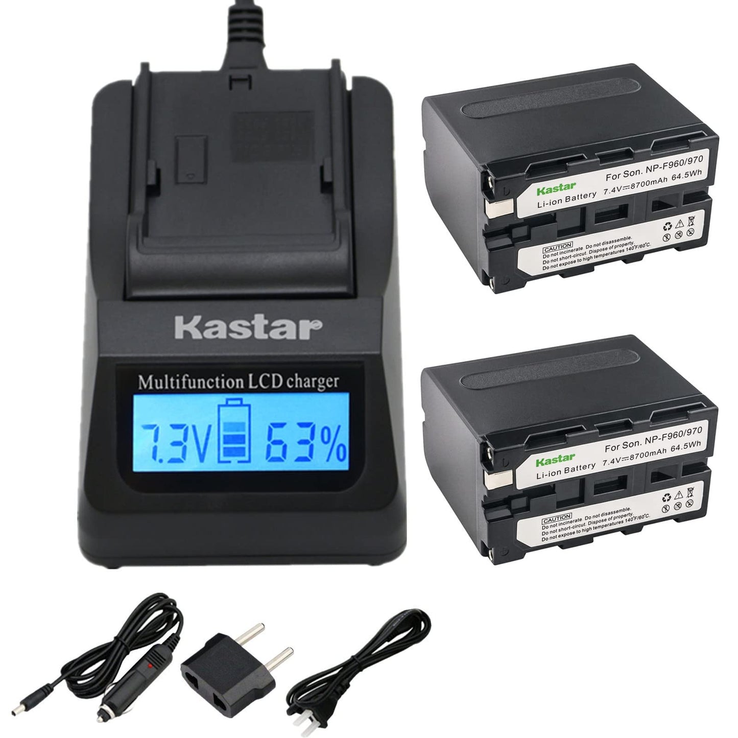 Kastar LCD Fast Charger & Battery X2 Replacement for NP-F970 NP-F960 NP-F950 and DCR-VX2100 DSR-PD150 DSR-PD170 FDR-AX1 HDR-AX2000 HDR-FX1 HDR-FX7