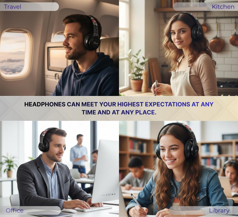 Macury Bluetooth Headphone, Over Ear, Foldable, Adjustable. Glowing Led Light, Noise Cancelling, HiFi Sound Quality (Black)