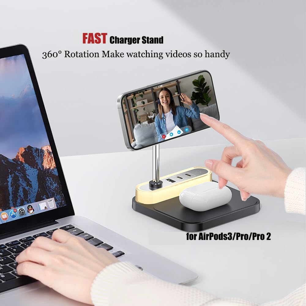 4-in 1 Magnetic Wireless Charging Station with Night Light, 15W Fast Charge for iPhone 16/15/14/13/12 & AirPods, 3-Port Hub (2xType-C, 1xUSB)