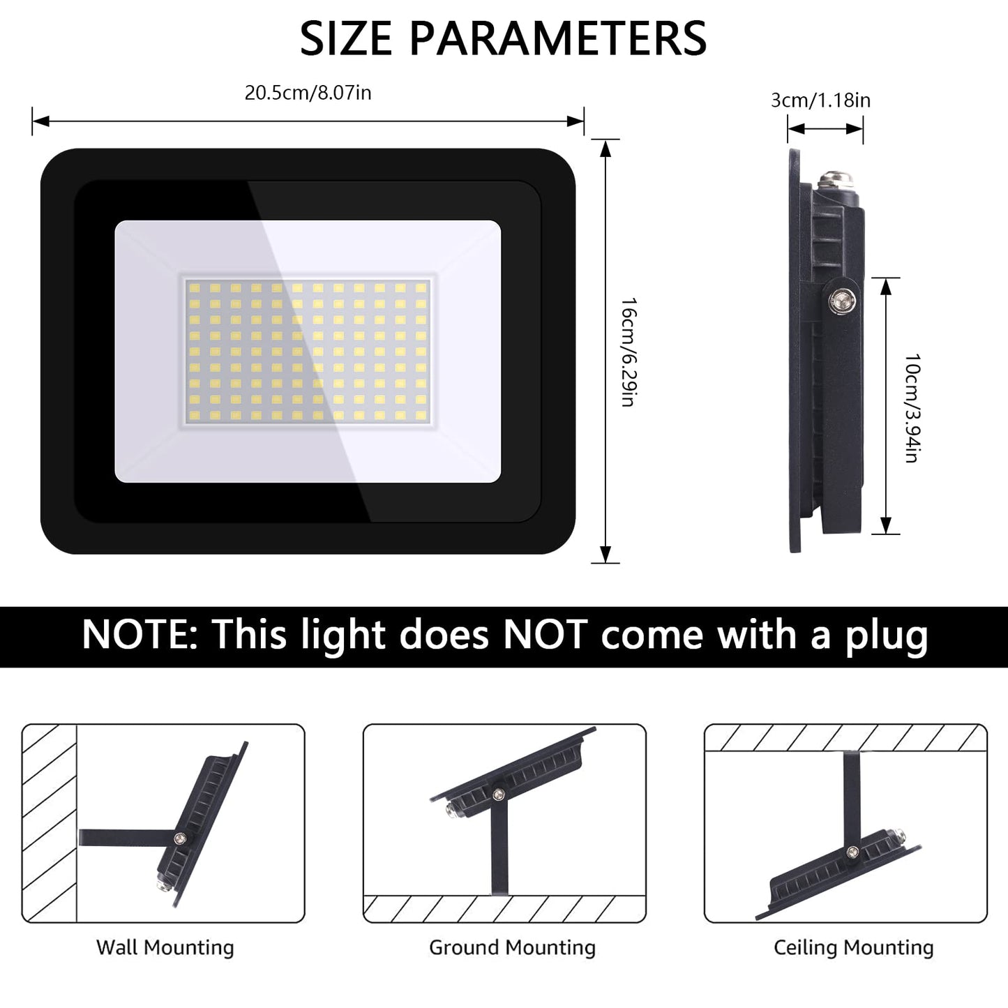MIHEAL 2 Pack 100W LED Flood Light, Cool White, IP68 Waterproof Super Bright Work Light, 110V, Outdoor Floodlight for Yard, Garden, Garage, Lawn