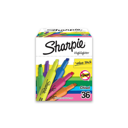 Sharpie Tank Highlighters, Fluorescent And Pastel Highlighters, Chisel Tip, Highlighter Markers Set, Assorted Colors, Value Pack, 36 Count - School