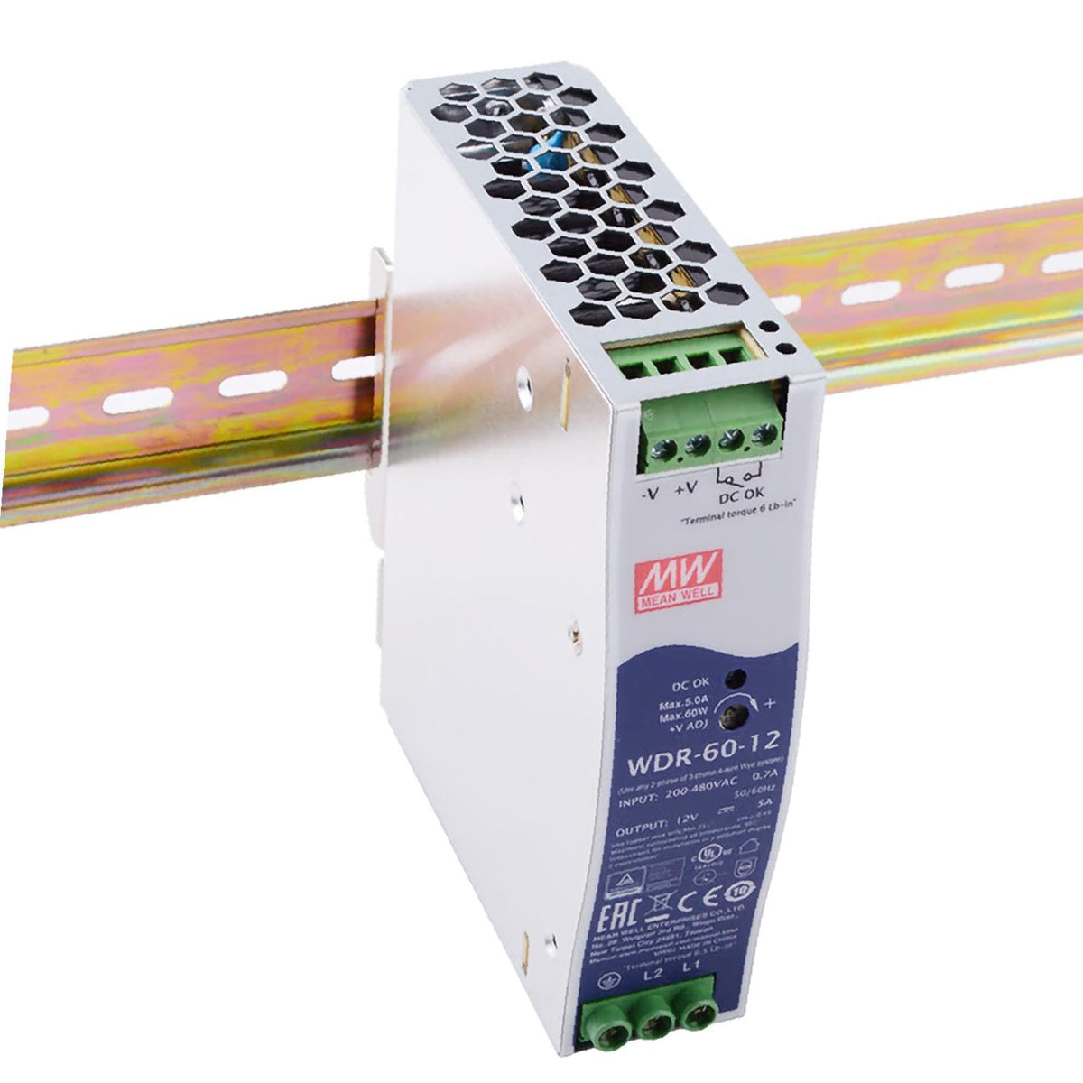 MEAN WELL WDR-60-12 Power Supply, 60W, 12V, 5A, Single-Phase, 180~550VAC Input, DIN Rail