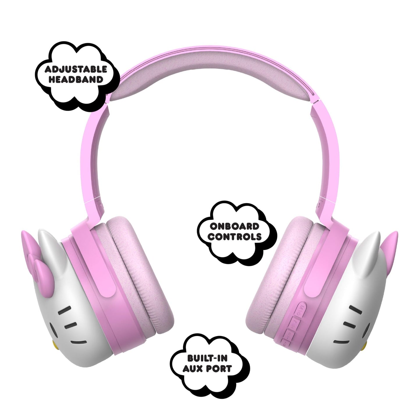 Hello Kitty 2-in-1 Wireless Bluetooth Headphones with Wired Earbuds - Foldable Over-Ear Headset with Built-in Mic, AUX Cable, Adjustable Headband,