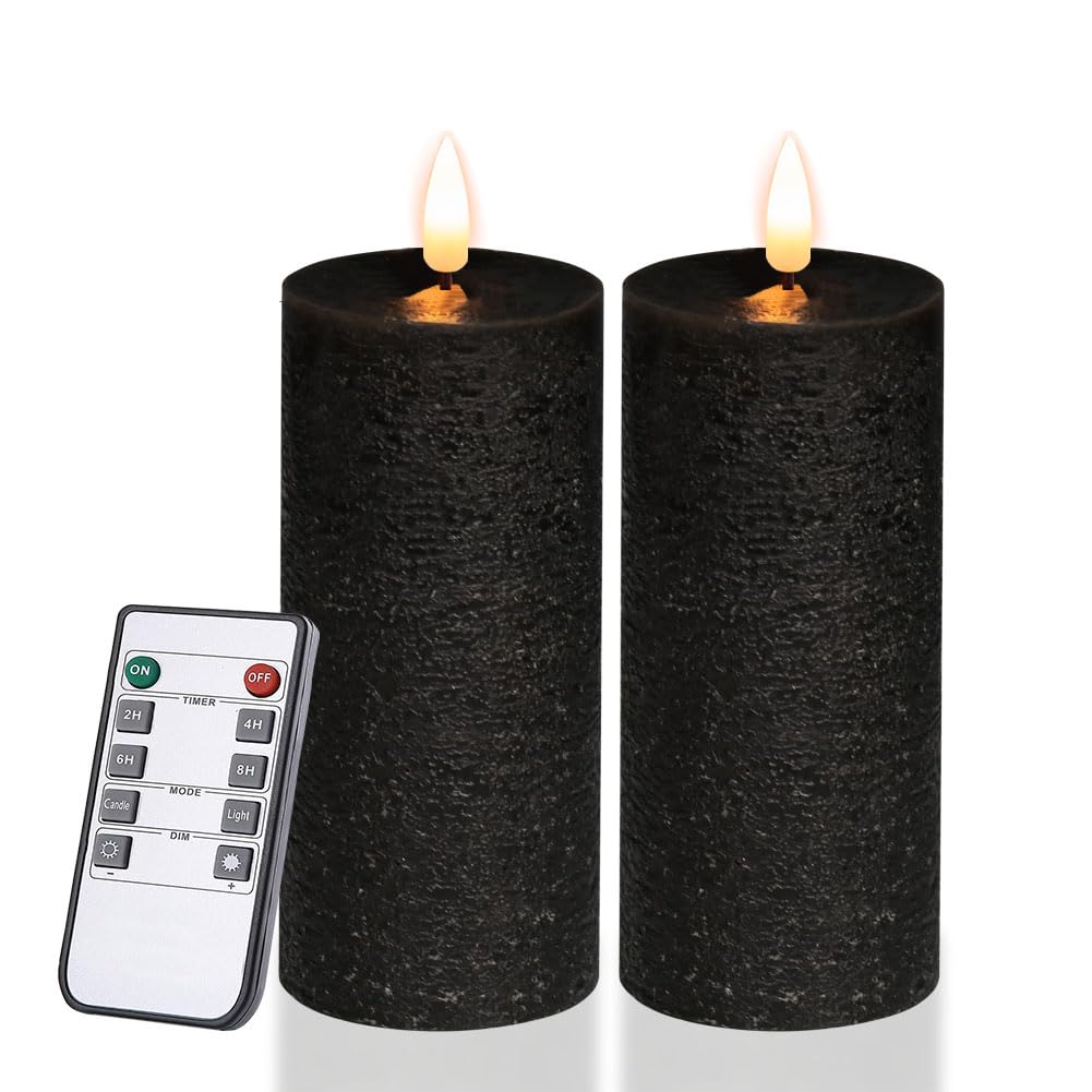 volnyus Black Flameless Candles Set of 2 (2.2x5 inch) Real Wax Flickering LED Candles Battery Operated with Remote Control Timers for Table